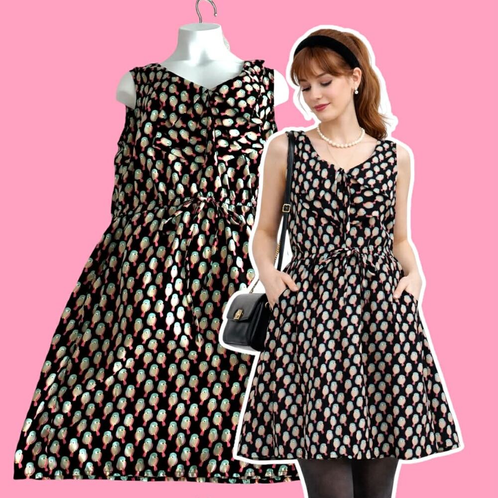 Bird Print Dress Juniors Large Sleeveless Pockets Twee Cutesy A-Line Kawaii